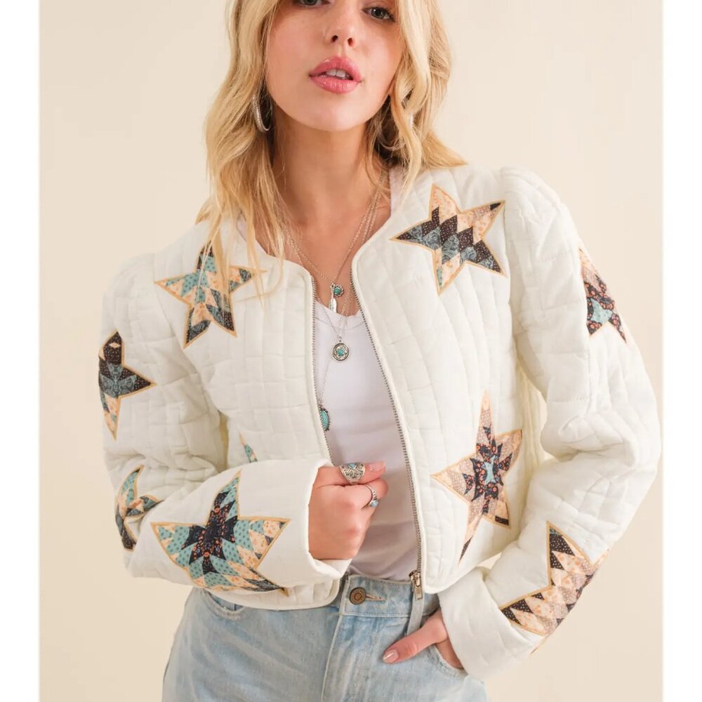 NWT patchwork Quilted Multi Star Embroidered Padded Zip Up Crop Western Jacket - Picture 2 of 7
